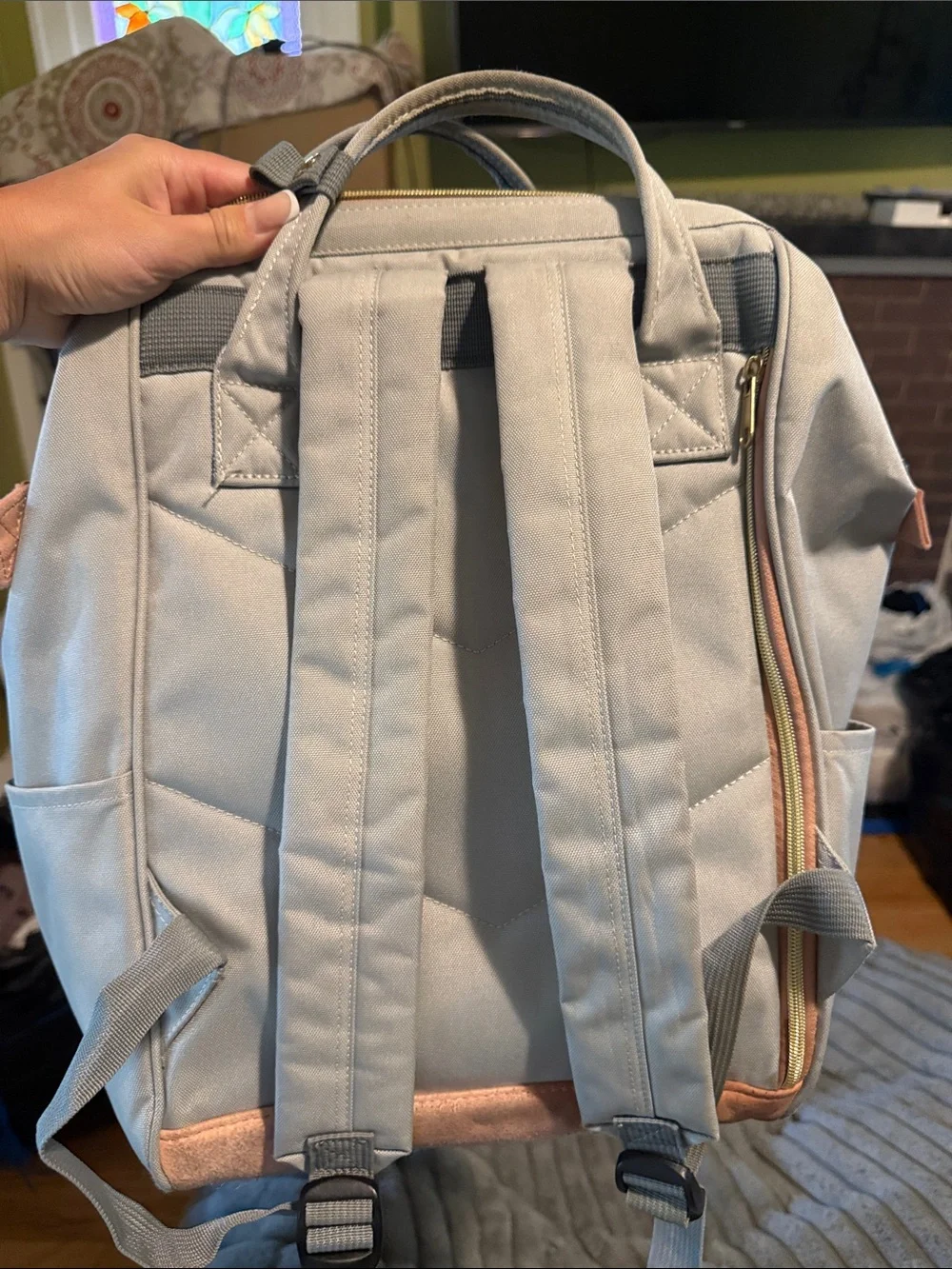 Light Beige Canvas Backpack with Tan Leather Accents